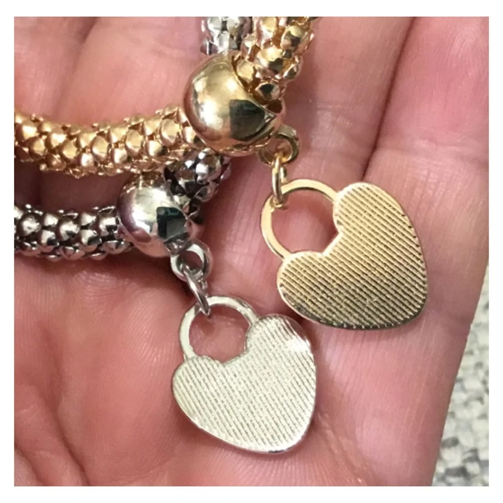 New! 2pc Gold Silver Rhinestone Heart Pendants Stretch Bracelet Set